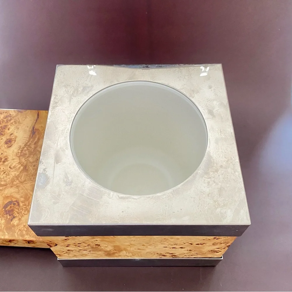 Vintage Tommaso Barbi Italian Burlwood Veneer Chrome Square Ice bucket 1970s